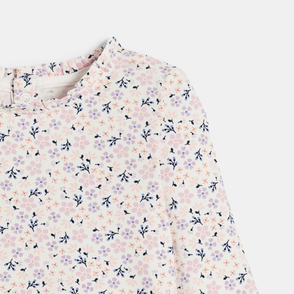 تي شيرت قطن واسع مضلع بطبعة الزهور باللون البنفسجي للفتيات الصغيرات